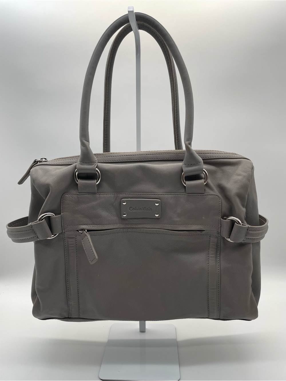 Calvin Klein 100% Cow Leather Light Gray Leather Satchel | Zip Top Shoulder Bag
